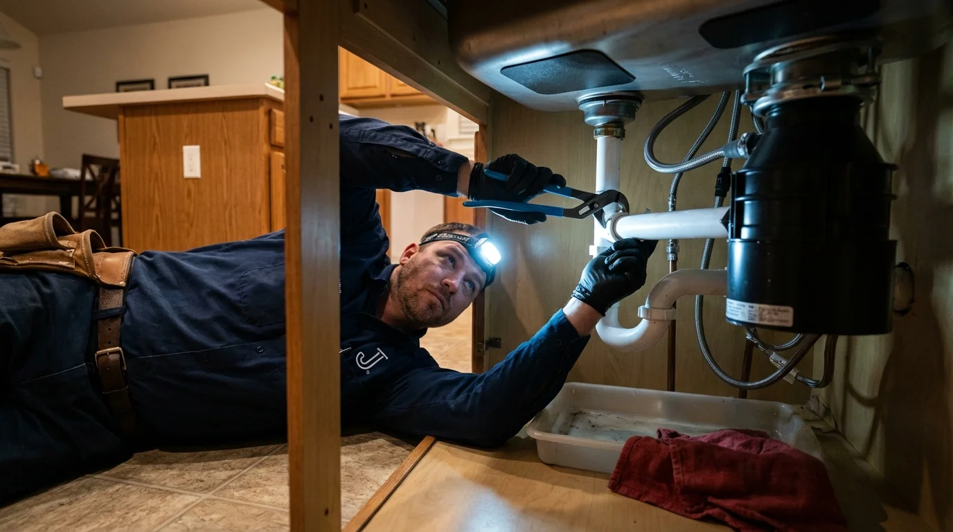 P-trap and supply line connections under a kitchen sink showing a common leak point in Saltillo, MS